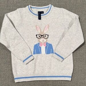 Janie and Jack Light Gray Bunny Sweater with Blue and Pink Accents